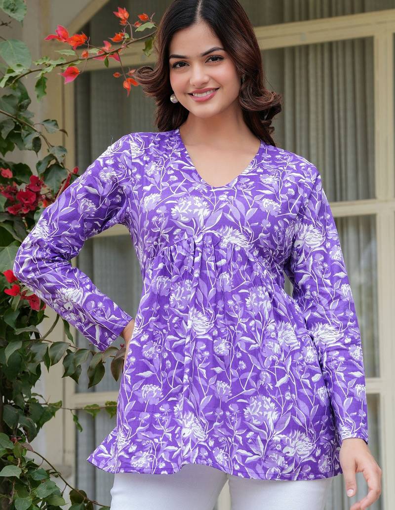 Womens purple self design cotton fabric kurtis 3/4 sleeves v-neck
