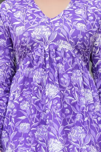 Womens purple self design cotton fabric kurtis 3/4 sleeves v-neck