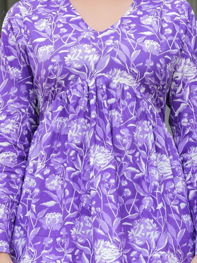 Womens purple self design cotton fabric kurtis 3/4 sleeves v-neck