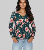 Womens green self design cotton fabric kurtis 3/4 sleeves v-neck