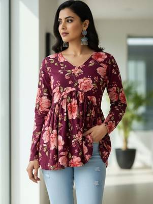 Womens maroon self design cotton fabric kurtis 3/4 sleeves v-neck 1