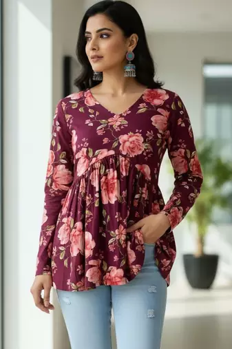Womens maroon self design cotton fabric kurtis 3/4 sleeves v-neck