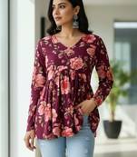 Womens maroon self design cotton fabric kurtis 3/4 sleeves v-neck