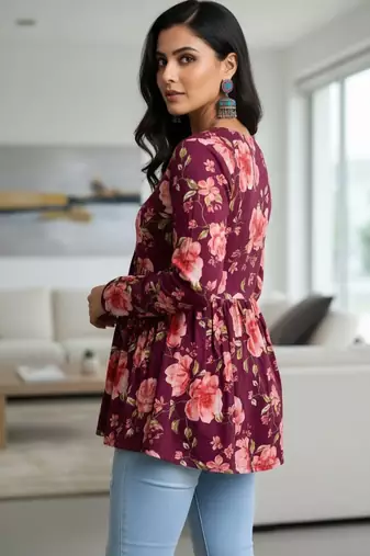 Womens maroon self design cotton fabric kurtis 3/4 sleeves v-neck
