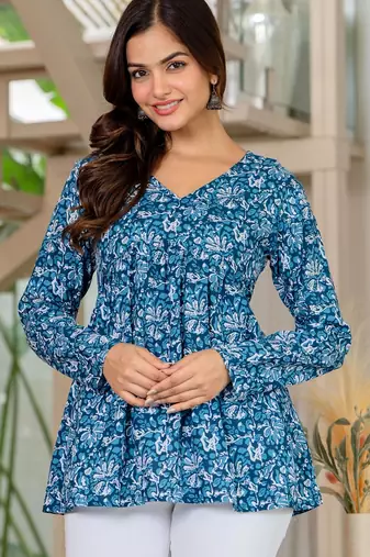 Womens blue self design cotton fabric kurtis 3/4 sleeves v-neck