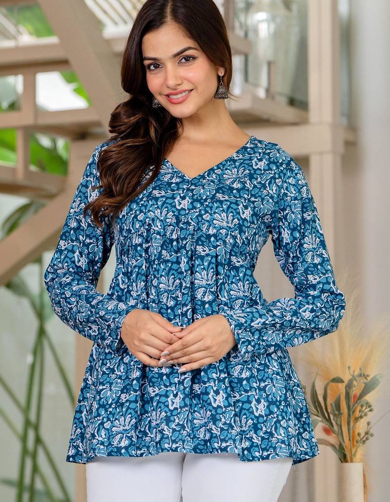 Womens blue self design cotton fabric kurtis 3/4 sleeves v-neck