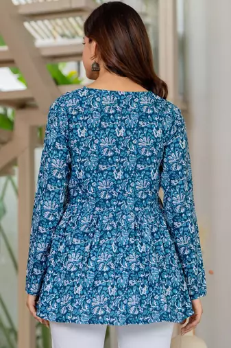 Womens blue self design cotton fabric kurtis 3/4 sleeves v-neck