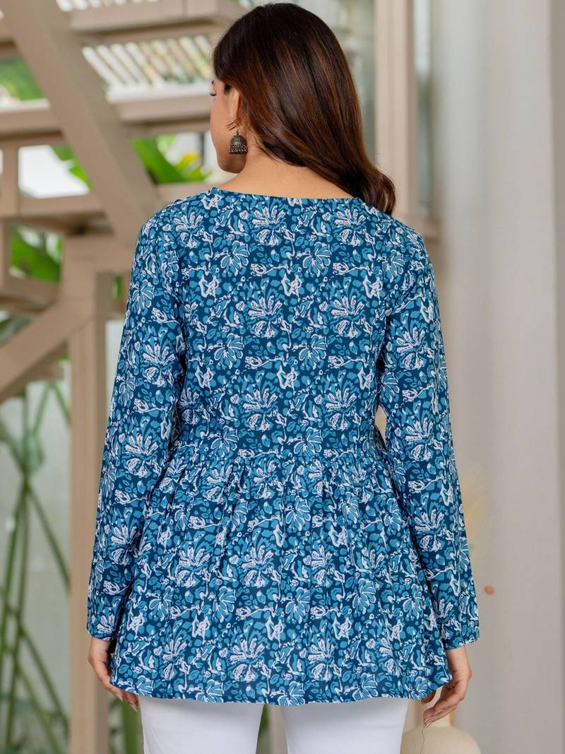 Womens blue self design cotton fabric kurtis 3/4 sleeves v-neck