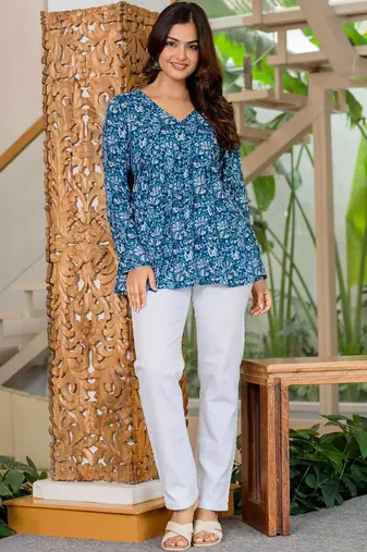 Womens blue self design cotton fabric kurtis 3/4 sleeves v-neck