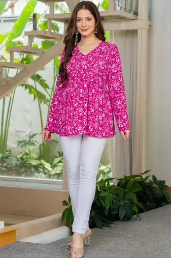 Womens pink self design cotton fabric kurtis 3/4 sleeves v-neck