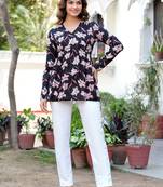 Womens black self design cotton fabric kurtis 3/4 sleeves v-neck