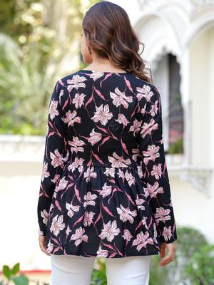 Womens black self design cotton fabric kurtis 3/4 sleeves v-neck 3