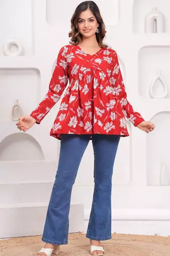 Womens red self design cotton fabric kurtis 3/4 sleeves v-neck
