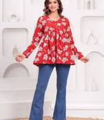 Womens red self design cotton fabric kurtis 3/4 sleeves v-neck
