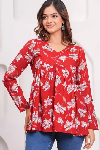 Womens red self design cotton fabric kurtis 3/4 sleeves v-neck