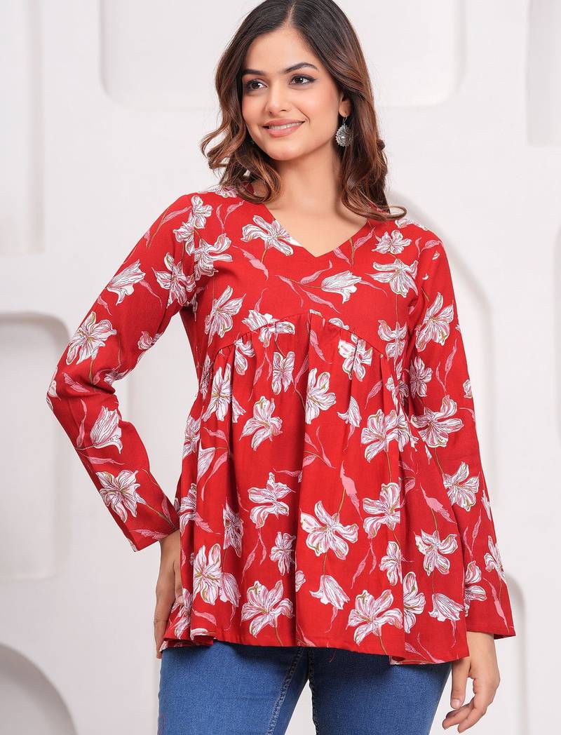 Womens red self design cotton fabric kurtis 3/4 sleeves v-neck