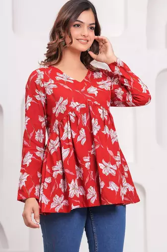 Womens red self design cotton fabric kurtis 3/4 sleeves v-neck