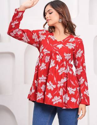 Womens red self design cotton fabric kurtis 3/4 sleeves v-neck 5