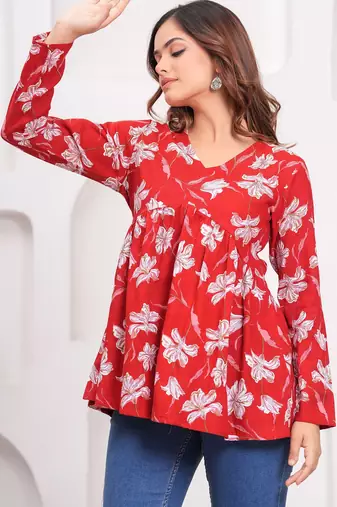 Womens red self design cotton fabric kurtis 3/4 sleeves v-neck