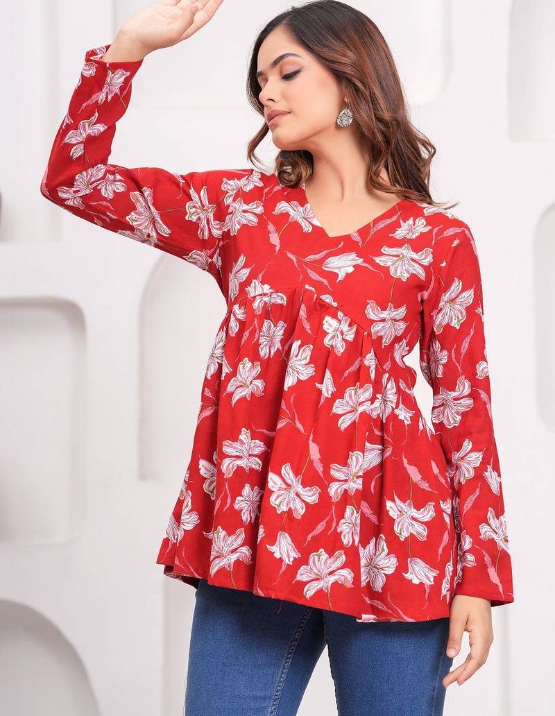 Womens red self design cotton fabric kurtis 3/4 sleeves v-neck