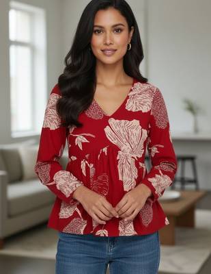 Womens red self design cotton fabric kurtis 3/4 sleeves v-neck 1