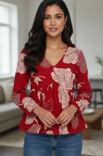 Womens red self design cotton fabric kurtis 3/4 sleeves v-neck