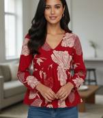 Womens red self design cotton fabric kurtis 3/4 sleeves v-neck