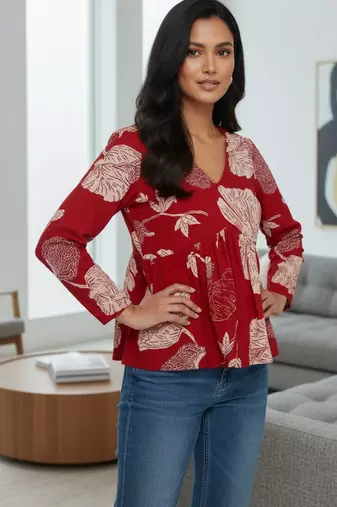 Womens red self design cotton fabric kurtis 3/4 sleeves v-neck