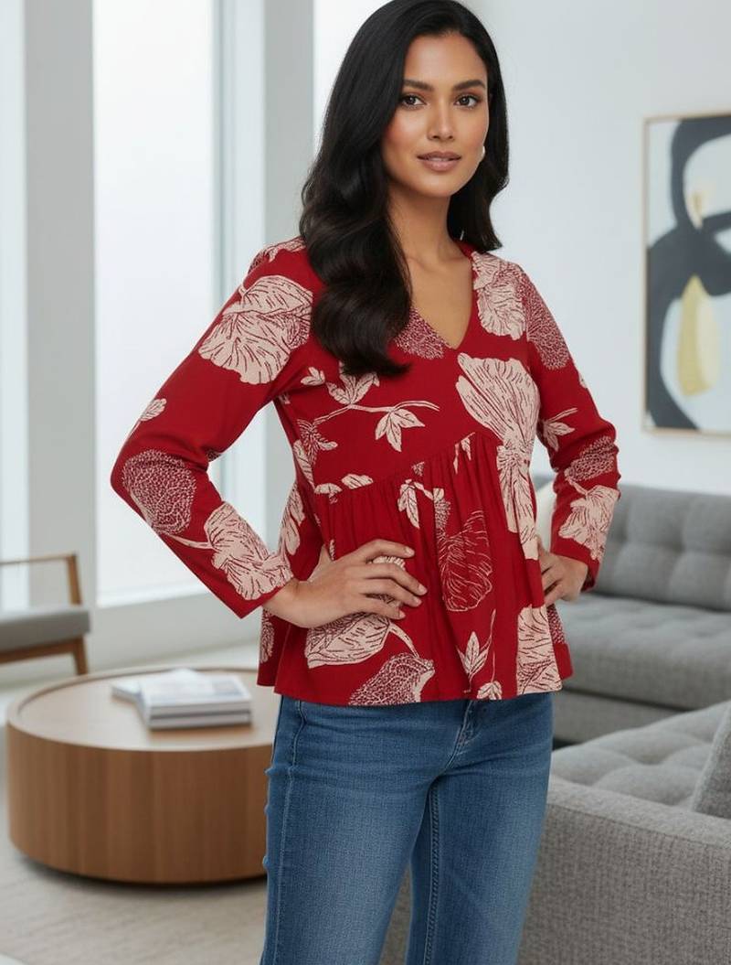 Womens red self design cotton fabric kurtis 3/4 sleeves v-neck