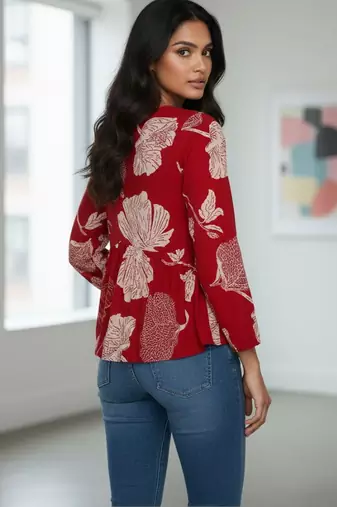 Womens red self design cotton fabric kurtis 3/4 sleeves v-neck