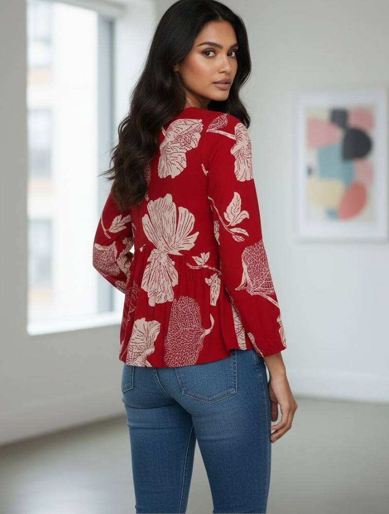 Womens red self design cotton fabric kurtis 3/4 sleeves v-neck