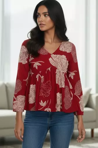 Womens red self design cotton fabric kurtis 3/4 sleeves v-neck
