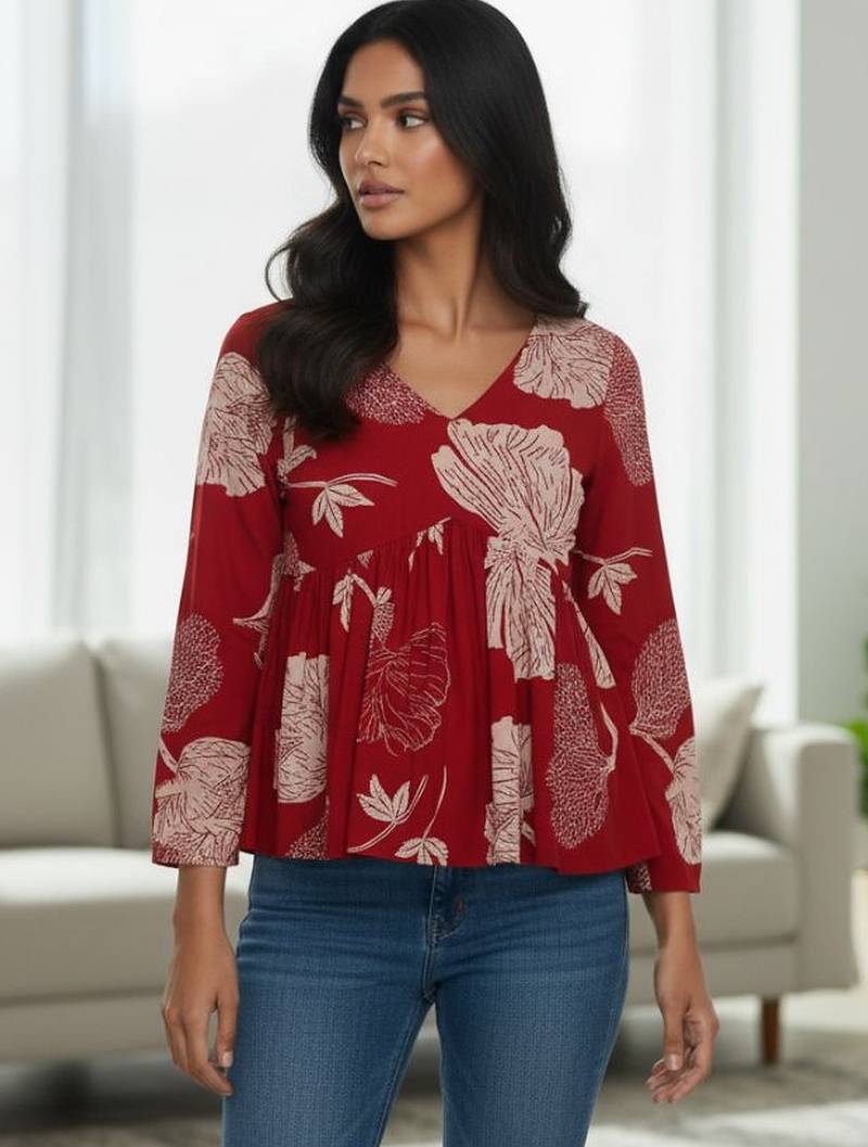 Womens red self design cotton fabric kurtis 3/4 sleeves v-neck