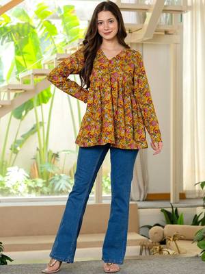 Womens yellow self design cotton fabric kurtis 3/4 sleeves v-neck 1