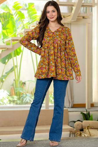 Womens yellow self design cotton fabric kurtis 3/4 sleeves v-neck