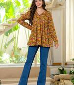 Womens yellow self design cotton fabric kurtis 3/4 sleeves v-neck