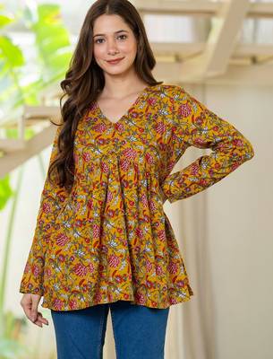 Womens yellow self design cotton fabric kurtis 3/4 sleeves v-neck 2