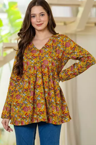 Womens yellow self design cotton fabric kurtis 3/4 sleeves v-neck