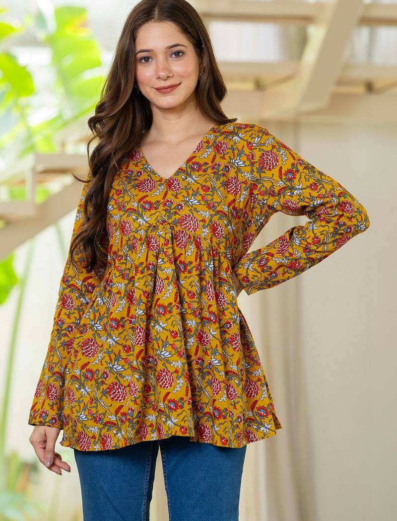 Womens yellow self design cotton fabric kurtis 3/4 sleeves v-neck