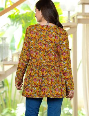 Womens yellow self design cotton fabric kurtis 3/4 sleeves v-neck 3