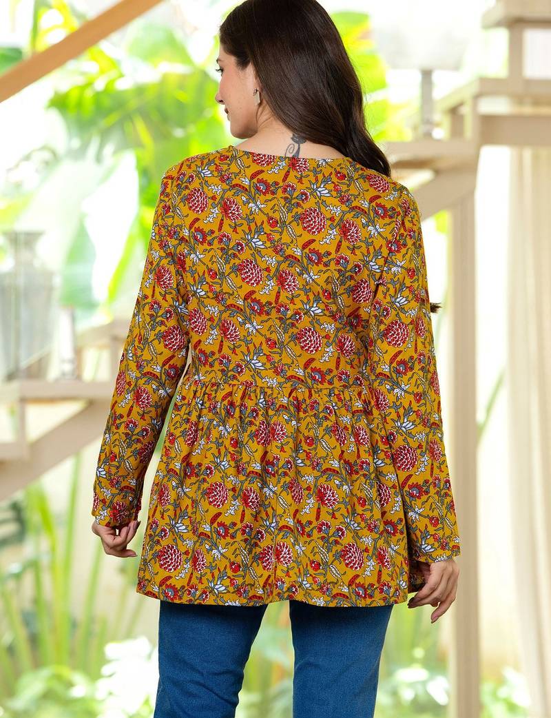 Womens yellow self design cotton fabric kurtis 3/4 sleeves v-neck