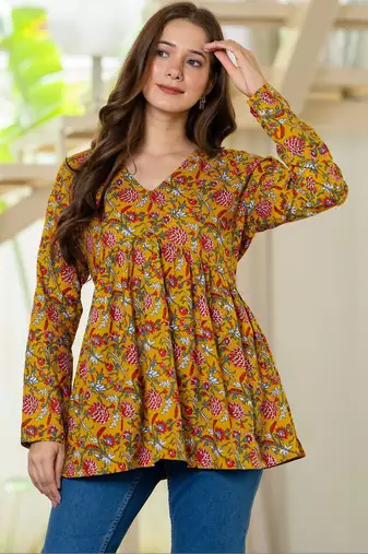 Womens yellow self design cotton fabric kurtis 3/4 sleeves v-neck