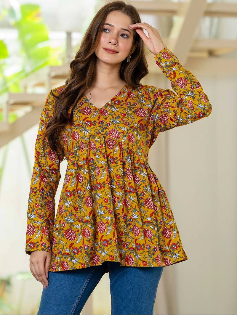 Womens yellow self design cotton fabric kurtis 3/4 sleeves v-neck