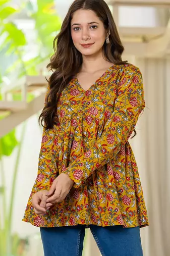 Womens yellow self design cotton fabric kurtis 3/4 sleeves v-neck