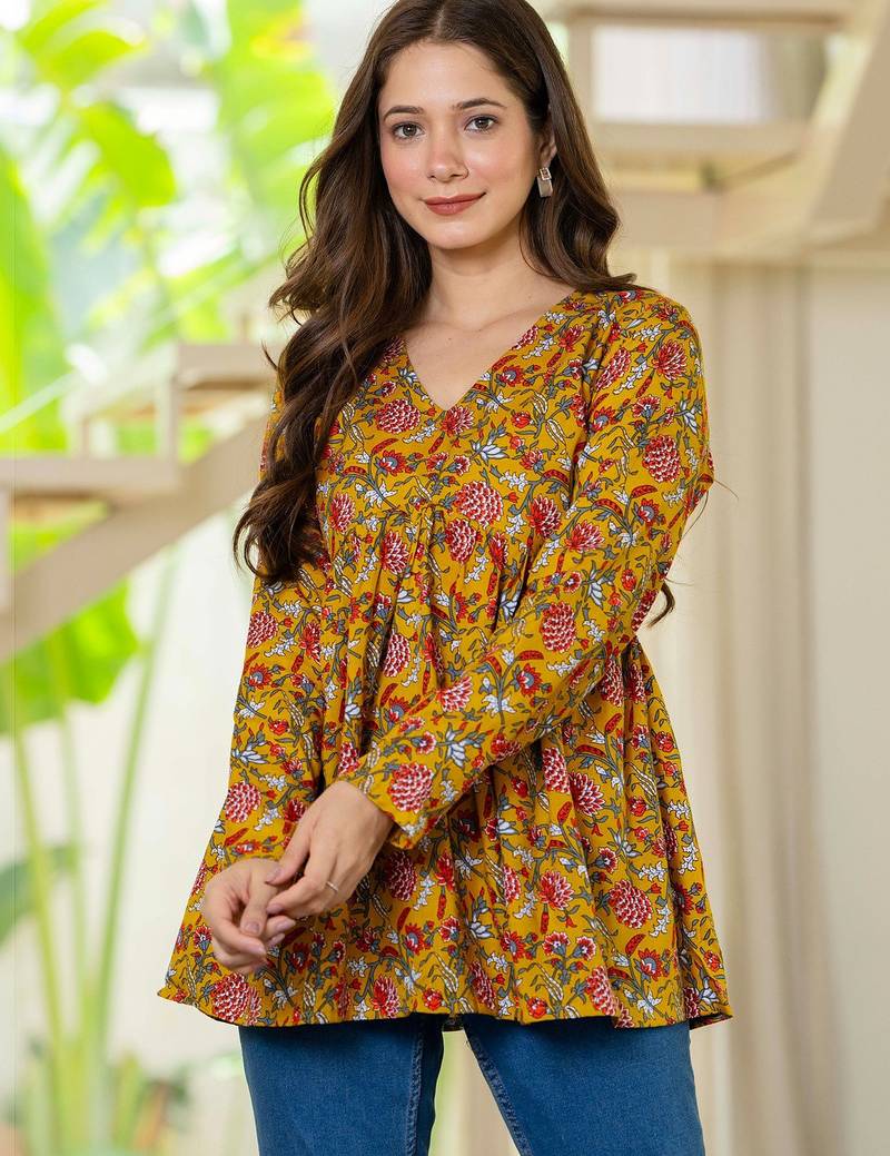 Womens yellow self design cotton fabric kurtis 3/4 sleeves v-neck
