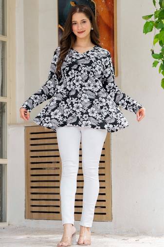Womens black self design cotton fabric kurtis 3/4 sleeves v-neck