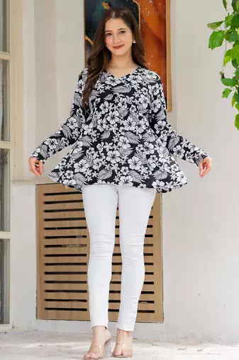 Womens black self design cotton fabric kurtis 3/4 sleeves v-neck