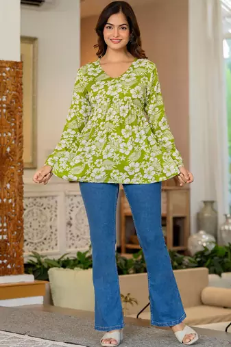 Womens green self design cotton fabric kurtis 3/4 sleeves v-neck