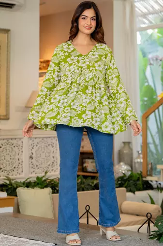 Womens green self design cotton fabric kurtis 3/4 sleeves v-neck