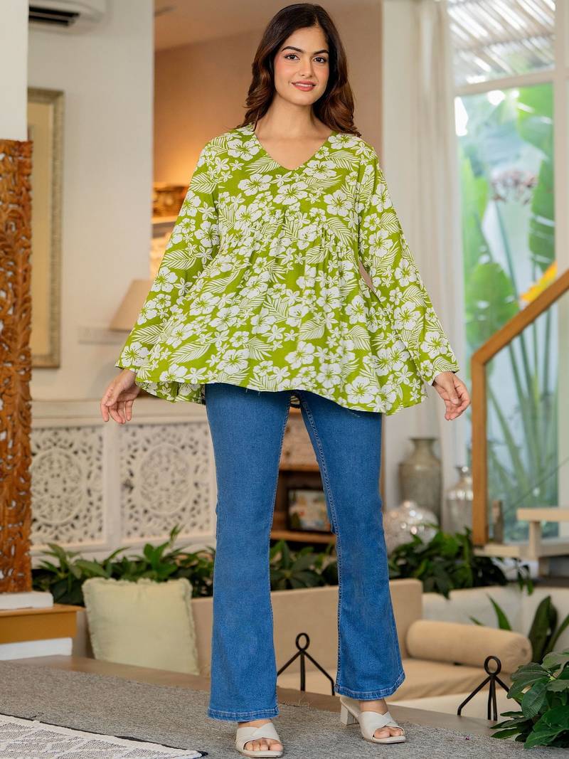 Womens green self design cotton fabric kurtis 3/4 sleeves v-neck